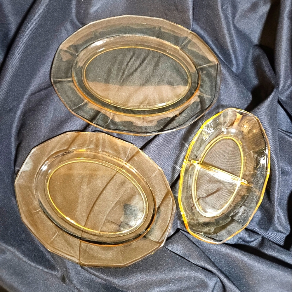 3pc Mixed Bundle Vintage Fostoria Topaz  Yellow Mayfair serving tray glass dish